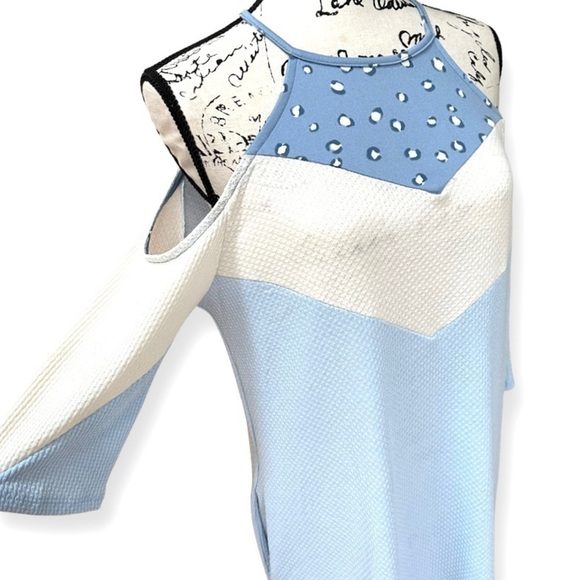 Leopard Detail Blue & White Cold Shoulder Dress Pockets S - Picture 13 of 14